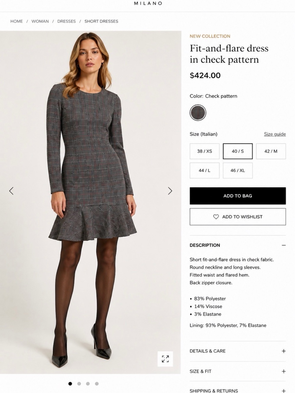 Liu Jo Gray Plaid Fit-and-Flare Long Sleeve Dress